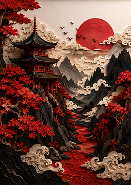 East Asian Pagoda in Misty Mountain