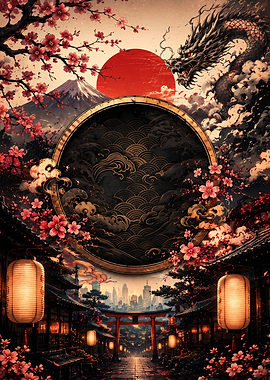 Japanese Dragon and Cherry Blossom Frame