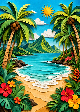 Tropical Paradise Lagoon Palm Trees Papercraft