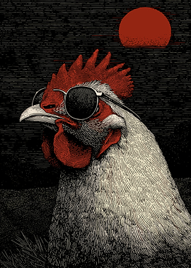 Cool Rooster with Sunglasses Vintage Woodcut Style Wall Art Poster