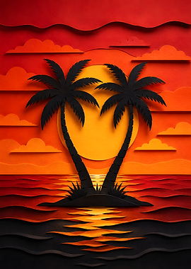 Sunset Palm Trees Silhouette Ocean Papercraft