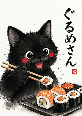 Cute Black Cat Eating Sushi