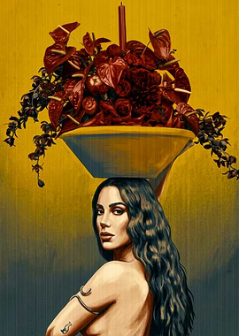 Woman Carrying Floral Bowl Portrait