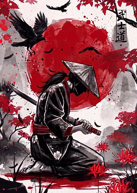 Bushido Samurai Katana - Crimson Sun & Ravens