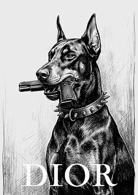 Doberman with Gun Dior Poster