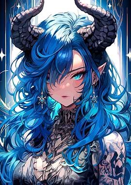Blue Haired Demon Girl Portrait