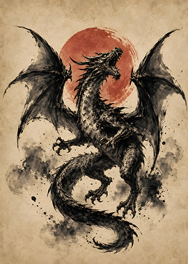 Roaring Mythical Dragon Crimson Sun