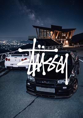 2 gtr Night Street Scene red and white r34 cars poster