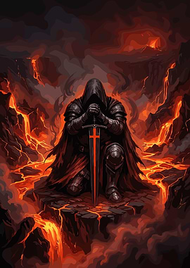Kneeling Dark Knight in Hellscape