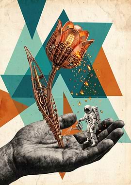 Steampunk Astronaut Watering Mechanical Flower