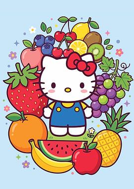 Hello Kitty Surrounded by Colorful Fruits