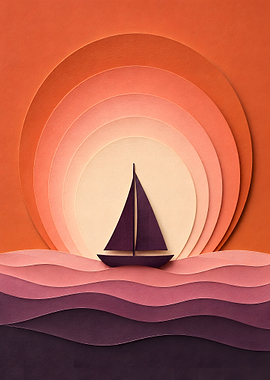 Minimalist Ocean Sunset Sailboat Papercraft