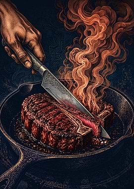 Engraved Steak Slicing Illustration