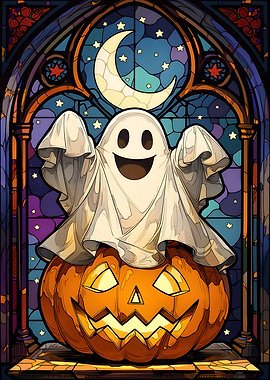 Stained Glass Ghost and Pumpkin