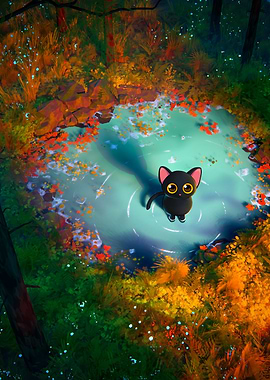 Curious Black Cat in a Magical Forest Pond