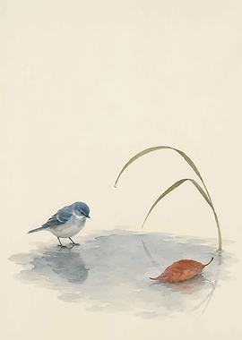 Watercolor Blue Bird by Water