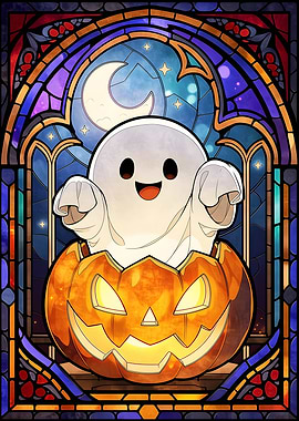 Cute Ghost in Stained Glass Pumpkin