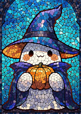 Stained Glass Halloween Witch Cat