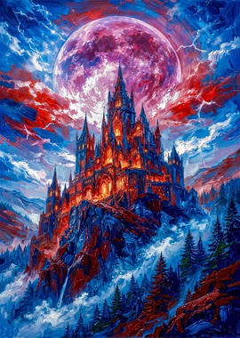 Gothic Castle Under Crimson Moon