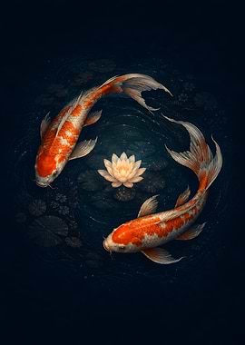 Two Koi Fish and Lotus Flower
