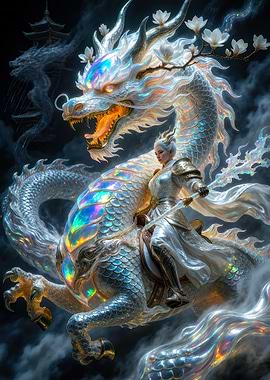 Warrior Riding Iridescent White Dragon
