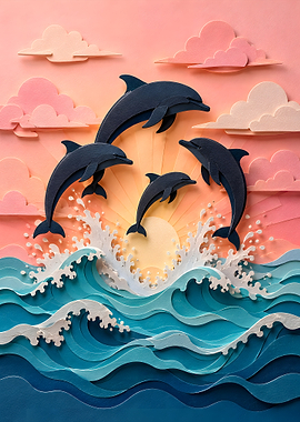Sunrise Dolphin Pod Leaping Wave Papercraft