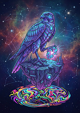 Cybernetic Falcon on Floating Rock
