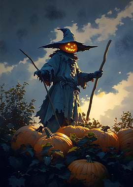 Jack-o'-lantern Scarecrow in Pumpkin Patch