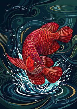 Vibrant Red Arowana Jumping from Water