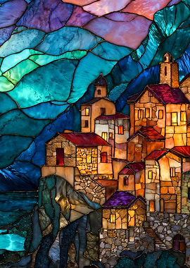 Stained glass coastal village on cliff landscape
