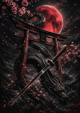 Dragon and Katana Under Blood Moon