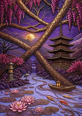 Stained Glass Japanese Garden at Twilight – Abstract Fantasy #40