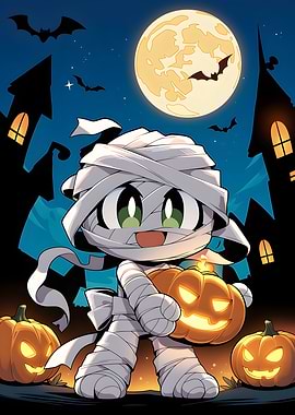 Cute Chibi Mummy Holding Jack-o'-lantern