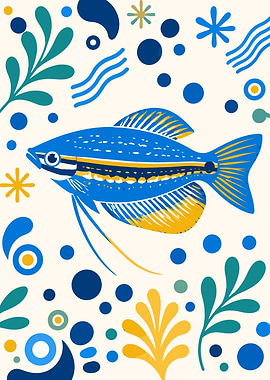 Stylized Blue and Yellow Tropical Fish
