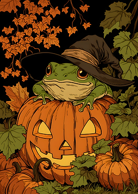 Witch Frog on Halloween Pumpkin