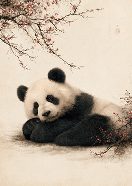 Sleeping Panda Under Cherry Blossoms