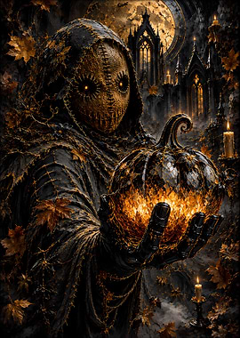 Dark Gothic Scarecrow Holding Glowing Pumpkin