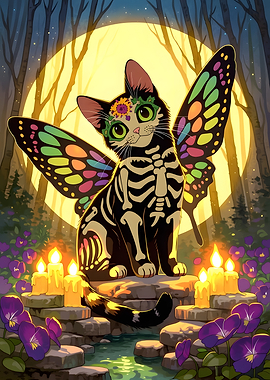 Skeleton Cat with Butterfly Wings