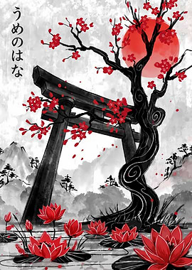 Japanese Torii Gate and Plum Blossoms
