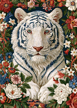 White Tiger Surrounded by Floral Tapestry