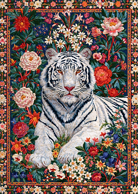White Tiger Amidst Floral Tapestry