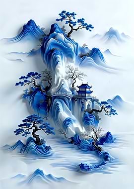 Blue and White Mountain Landscape