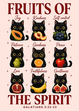 Fruits of the Spirit Black Cats Wall Art | Cute Christian Bible Verse Poster