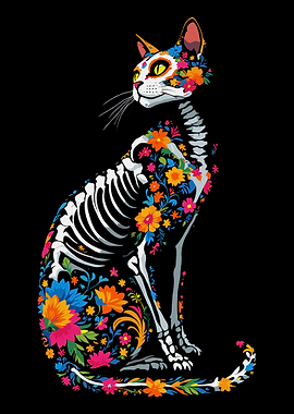 Floral Skeleton Cat Vintage Gothic Wall Art Botanical Animal Poster