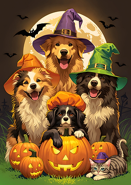 Halloween Dogs and Cat with Pumpkins