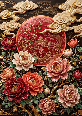 Ornate Peony and Phoenix Relief Art
