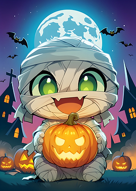 Cute Chibi Mummy Holding Jack-o'-lantern