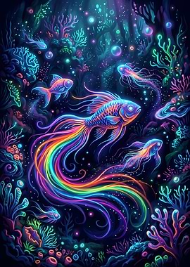 Neon Bioluminescent Rainbow Fish Underwater