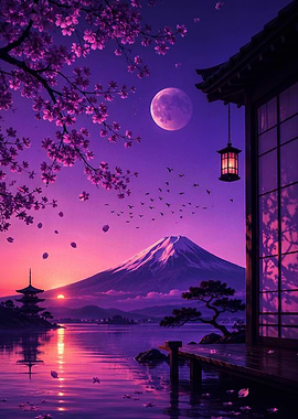 Mount Fuji Sunset with Cherry Blossoms