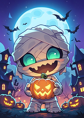 Cute Mummy Holding Halloween Pumpkin